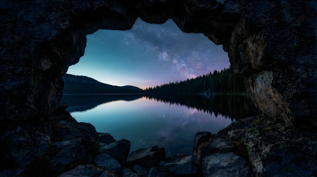 Blick aus einer Felshöhle auf einen stillen See unter der Milchstraße