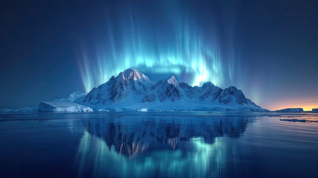 Polarlicht über schneebedeckten Bergen, die sich im stillen Wasser spiegeln